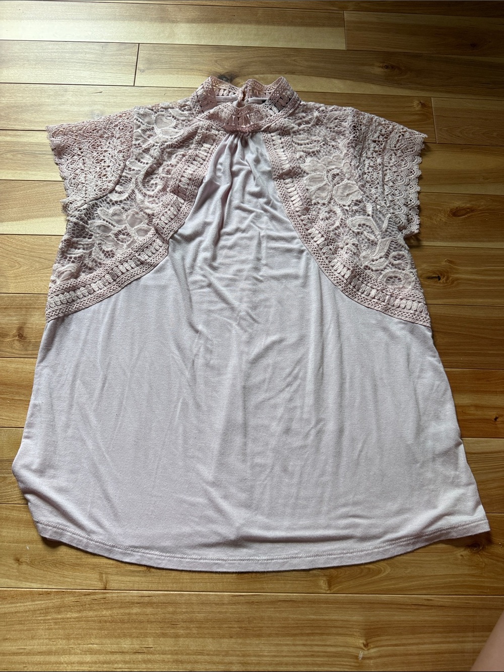 Cable & Gauge Lace Yoke Mock Neck Top - Light Pink